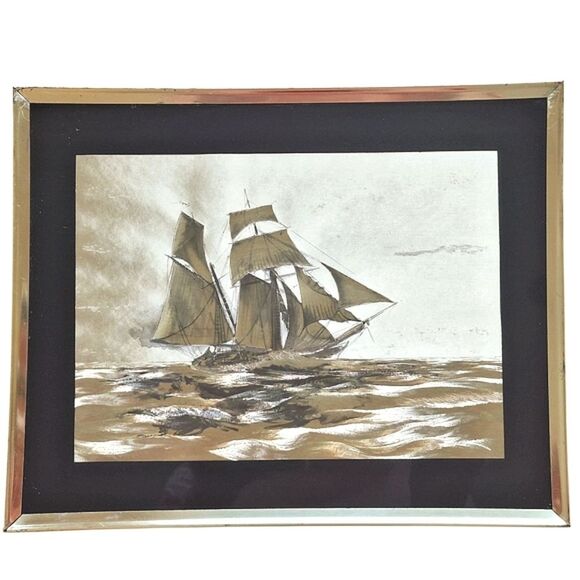 Vintage Dufex‎ Foil Art Prints Sailing Ships Framed Gold Black Pair 10 X 8 each - Picture 11 of 14